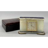ASPREY OF LONDON FINE QUALITY ALABASTER & BLUE MARBLE MANTEL CLOCK, square silvered dial, signed '