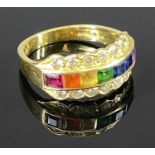 18CT YELLOW GOLD RAINBOW GEMSTONE & DIAMOND HALF HOOP DRESS RING, having square faceted inline group