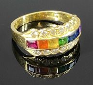 18CT YELLOW GOLD RAINBOW GEMSTONE & DIAMOND HALF HOOP DRESS RING, having square faceted inline group