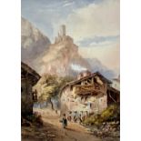 CONTINENTAL 19TH CENTURY watercolour - figures in village with castle on mountain top beyond, 34.5 x