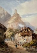 CONTINENTAL 19TH CENTURY watercolour - figures in village with castle on mountain top beyond, 34.5 x