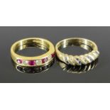 18CT & 9CT GOLD DRESS RINGS x 2, the 18ct example having an inline setting of 3 x diamonds and 4 x