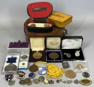 GENTLEMEN'S CUFFLINKS, MEDALLIONS, BADGES ETC, along with a leather collar box, items include a