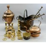 VICTORIAN CIRCULAR COPPER KETTLE WITH SHAPED HANDLE, 32cms H, pair of brass candlesticks, 25cms H,