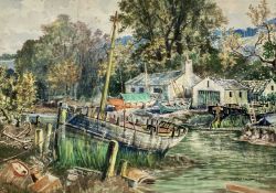 MOSS WILLIAMS watercolour - 20th Century boat yard, signed lower right, 34 x 47cms