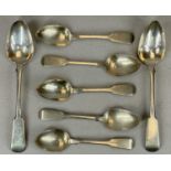 SEVEN VARIOUS FIDDLE PATTERN GEORGIAN/WILLIAM IV SILVER SPOONS, LONDON HALLMARKS, including a pair