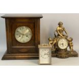 EDWARDIAN OAK MANTEL CLOCK, the case with bead decoration, silvered dial with black Arabic numerals,
