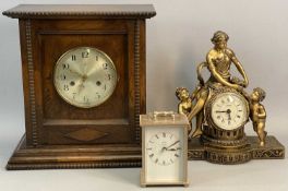 EDWARDIAN OAK MANTEL CLOCK, the case with bead decoration, silvered dial with black Arabic numerals,