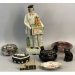 STAFFORDSHIRE FIGURE OF AN ORGAN GRINDER WITH HIS MONKEY, circa 1850, well coloured, 38cms H,
