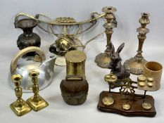 BRASS POSTAL SCALES & WEIGHTS, on shaped mahogany base, Picquot Ware kettle, pair of ornate