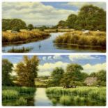 DAVID MORGAN oil on canvas, a pair - sheep by river with farmhouse beyond, signed lower right and