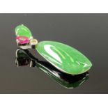 18CT WHITE GOLD JADEITE, RUBY & DIAMOND SET PENDANT, 0.03ct round brilliant cut diamond, pear