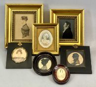 PAINTED PORTRAIT MINIATURES & SILHOUETTE GROUP x 7, all 19th Century, some in later frames,