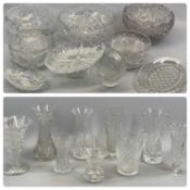 ASSORTMENT OF CUT GLASSWARE to include a large circular three-footed bowl, 30cms diam., trumpet form