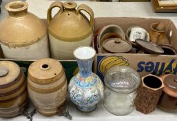 VARIOUS STONEWARE FLAGONS & CONTAINERS, the largest stamped '3G', 46cms H, vintage glass lidded