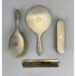 FOUR-PIECE SILVER DRESSING TABLE, HAND MIRROR, BRUSHES & COMB SET, London 1947/48, William