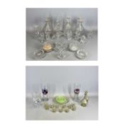 GLASS MALLET SHAPED DECANTERS, A PAIR, engraved with grapes and vine leaves, with stoppers, 22cms H,
