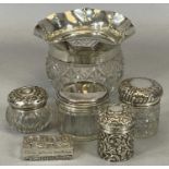 SILVER TOPPED GLASS, SILVER & WHITE METAL ITEMS, 4, 1 + 1 respectively, to include a silver collared