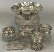 SILVER TOPPED GLASS, SILVER & WHITE METAL ITEMS, 4, 1 + 1 respectively, to include a silver collared