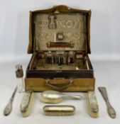 HARRODS LTD LEATHER VANITY TRAVEL CASE WITH MIXED HALLMARK SILVER CONTENTS, including 4 x glass