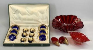 VENETIAN BLUE GLASS TWELVE-PIECE TEA SERVICE, with gilded and floral enamelled decoration, in box,