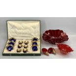 VENETIAN BLUE GLASS TWELVE-PIECE TEA SERVICE, with gilded and floral enamelled decoration, in box,