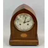 EDWARDIAN INLAID MAHOGANY MANTEL CLOCK with arched top, silvered dial with Arabic numerals, 8-day