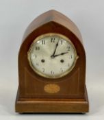 EDWARDIAN INLAID MAHOGANY MANTEL CLOCK with arched top, silvered dial with Arabic numerals, 8-day