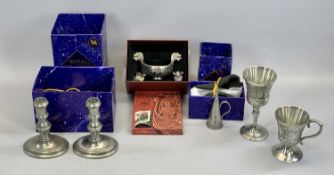 ROYAL SELANGOR PEWTER FOR THE V&A MUSEUM - PAIR OF CANDLESTICKS on oval bases, 14cms H, boxed, and a
