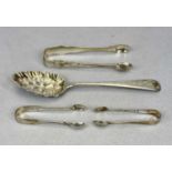 SILVER BERRY SPOON & THREE PAIRS OF SUGAR TONGS, London 1813, maker possibly Stephen Adams II, the
