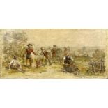19TH CENTURY FRENCH SCHOOL oil on canvas - grape pickers in vineyard, 36 x 77cms