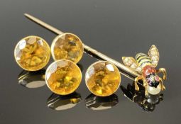 DIAMOND MOUNTED & ENAMEL BEE STICK PIN AND PAIR OF BELIEVED GOLDEN BROWN CITRINE CUFFLINKS, all