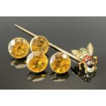 DIAMOND MOUNTED & ENAMEL BEE STICK PIN AND PAIR OF BELIEVED GOLDEN BROWN CITRINE CUFFLINKS, all