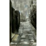 HAROLD RILEY charcoal and pastel - alleyway, signed lower right, 32 x 18cms Provenance: private