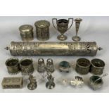 COLLECTION OF ASIAN WHITE METAL GOODS - 19 items, to include a pierced scroll holder with
