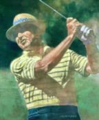 G HUGHES contemporary oil on canvas - three quarter length portrait of a golfer in full swing,