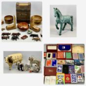 COLLECTION OF DECORATIVE ITEMS including painted wooden horse, 52cms H, painted composite cow, 26cms