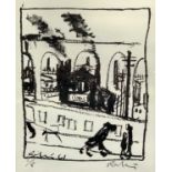 HAROLD RILEY limited edition (1/5) black and white print - figures and dog in front of building,