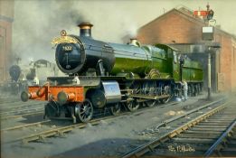 PHILIP D HAWKINS oil on canvas - Cambrian Coast Express 7822 leaving the yard, signed lower right,