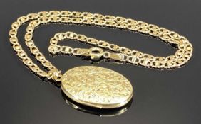 VINTAGE 9CT GOLD OVAL LOCKET & NECKLACE, the locket front with foliate decoration, 4cms L (incl.