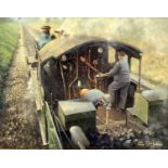 PHILIP D HAWKINS oil on canvas - steam train with driver and stoker before signals, signed lower