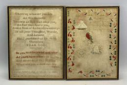 WOOLWORK SAMPLER WITH VERSE, Mary Jones aged 16, 1836, 40 x 29.5cms and another with verse, yacht,