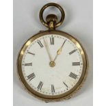 14CT GOLD CASED LADY'S VINTAGE FOB WATCH, with foliate engraved detail and vacant cartouche to the