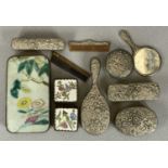 CHINESE PORCELAIN MOUNTED WHITE METAL BOXES & A CHILD'S DRESSING TABLE HAND MIRROR AND BRUSH SET,