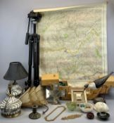 MIXED LOT to include cantilever action wooden sewing box and contents, pair of enamel table lamps