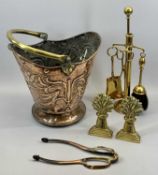 ART NOUVEAU COPPER COAL SCUTTLE, embossed stylised decoration, brass swing handle, 34cms H, cast