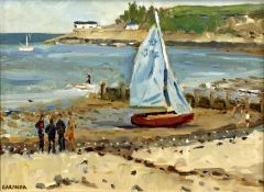 KEITH GARDNER RCA (b. 1933) oil on board - titled verso 'Beached Dinghy, Porth Tocyn, Abersoch',