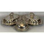 PAIR OF CLASSICAL-STYLE MAPPIN & WEBB ENTREE DISHES WITH COVERS & A DOME TOP MUFFIN DISH, 35 x 26cms