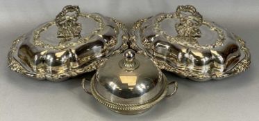 PAIR OF CLASSICAL-STYLE MAPPIN & WEBB ENTREE DISHES WITH COVERS & A DOME TOP MUFFIN DISH, 35 x 26cms