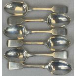 SET OF SIX VICTORIAN SILVER FIDDLE PATTERN SPOONS, LONDON 1840, SAMUEL HAYNE & DUDLEY CATER, 18cms